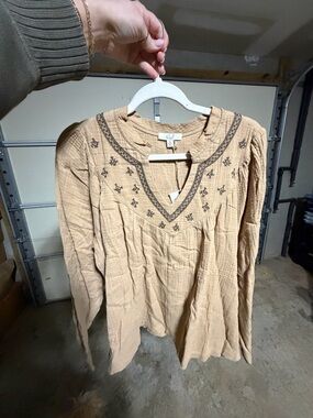 easel Tan Embroidered V-Neck Blouse